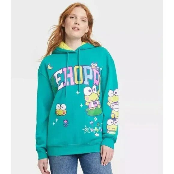Keroppi Sanrio Pullover Hoodie Sweatshirt Fleece Turquoise Green Women's Medium - Picture 1 of 8